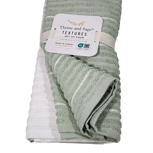 Thyme and Sage Kitchen Towel Set of 4pcs Green and White Striped Turkish Cotton - Picture 3 of 10